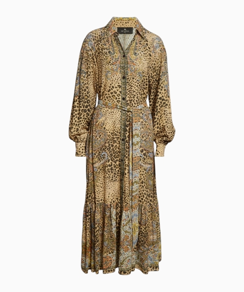 Paisley leopard spot belted long sleeve shirtdress