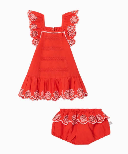 Broderie trim dress and bloomer set