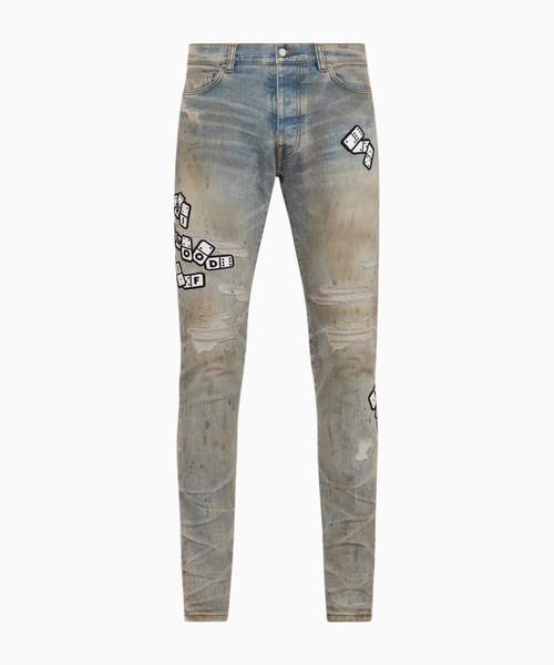 Domino aplikasiyalı dar biçimli denim şalvar