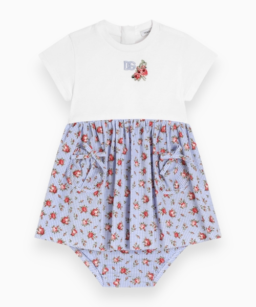 Floral-print jersey and poplin dress with DG embroidery