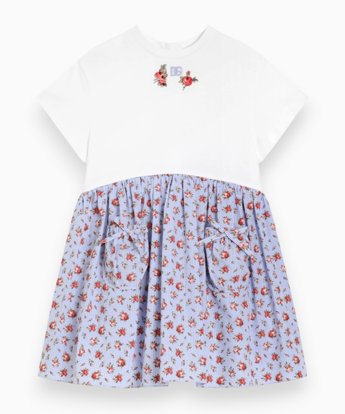 Floral-print jersey and poplin dress with DG embroidery