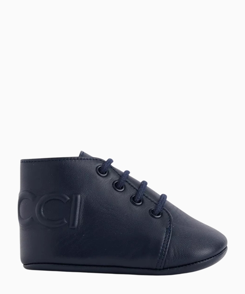 Embossed logo leather bootie