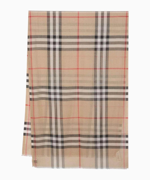 Wide check wool silk scarf