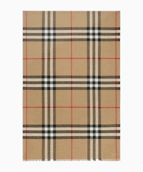 Wide check wool silk scarf