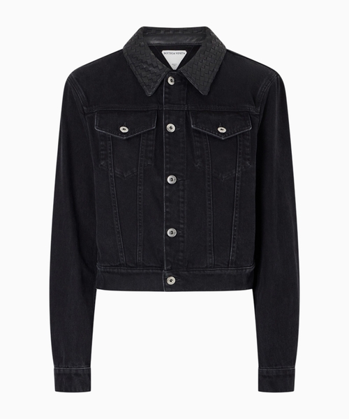 Intrecciato leather-trimmed denim jacket