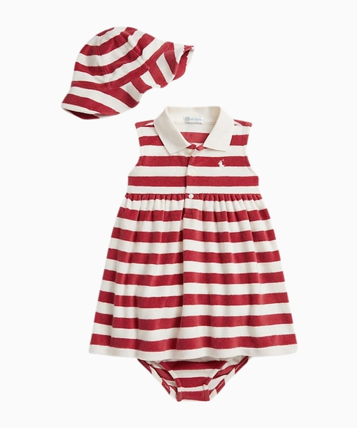 Striped terry polo dress, hat & bloomer