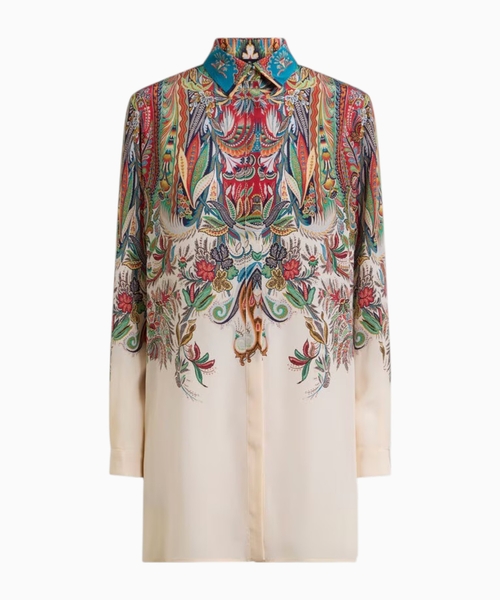 Long silk shirt with placed paisley print