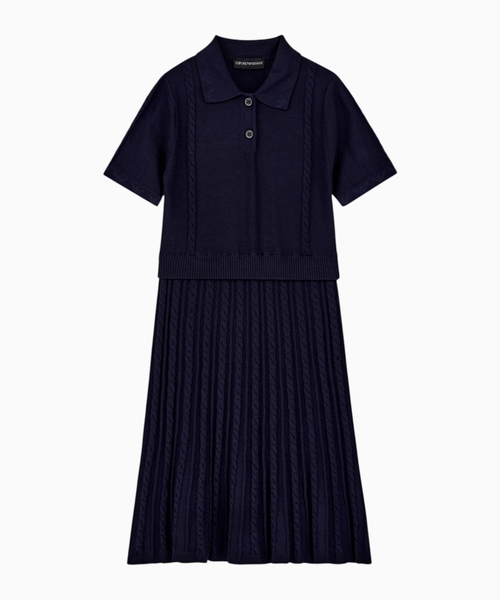 Knitted viscose dress with a polo collar and pleated skirt