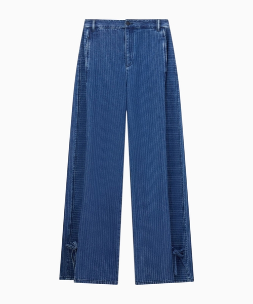 5 cibli bant detallı zolaqlı denim şalvar