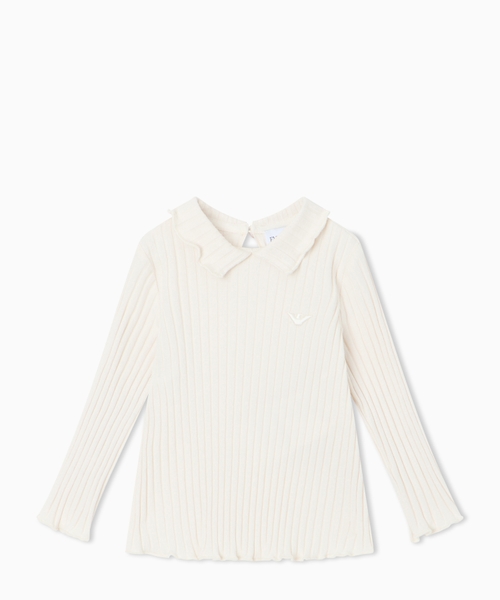 Top in ribbed cotton with long sleeve and ruffled collar