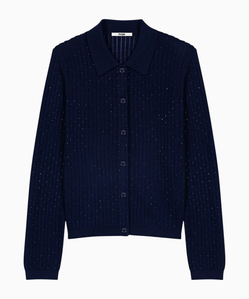 Rhinestone polo collar cardigan