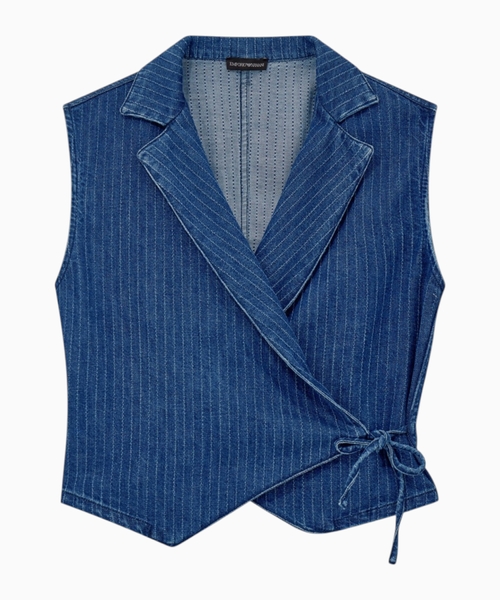 Pinstriped denim wrap waistcoat