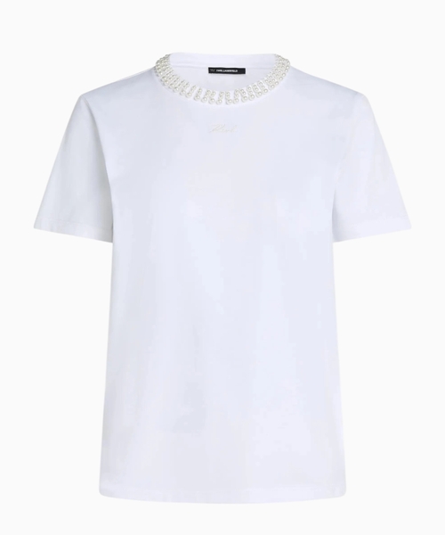 Faux-pearl neck T-shirt