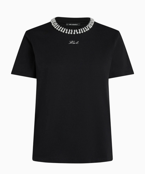 Faux-pearl neck T-shirt