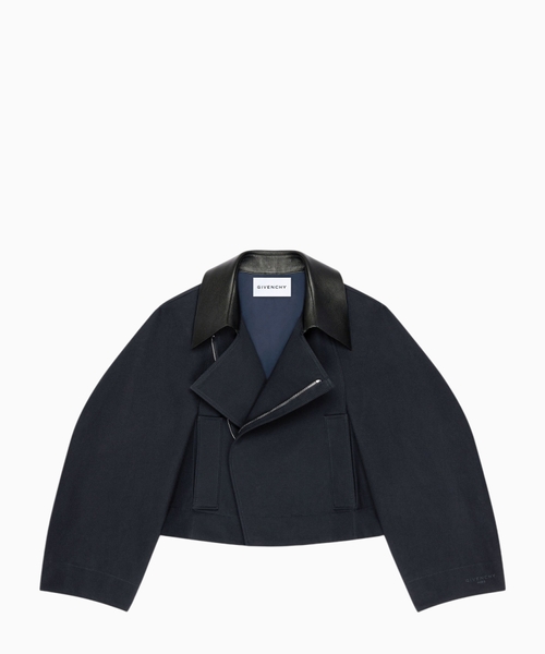 Cropped peacoat with leather collar in cotton and wool