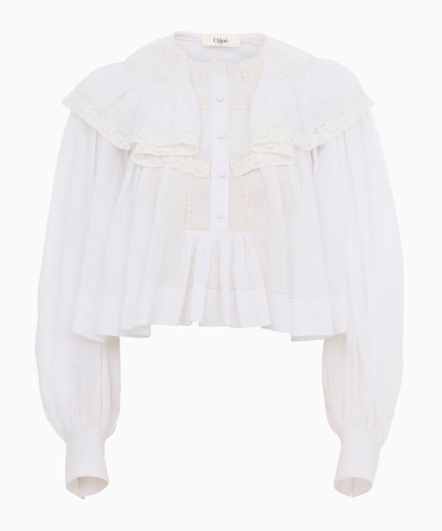Cropped ruffle blouse in cotton voile and lace