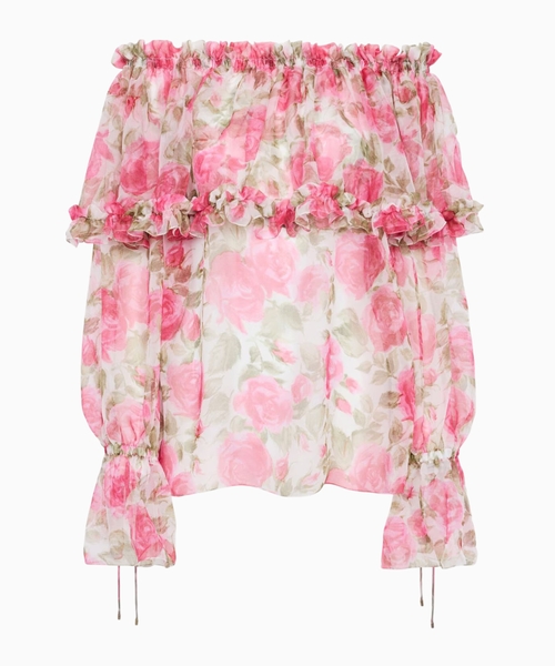 Açıq çiyinli və həcmli qollu ipək muslin top