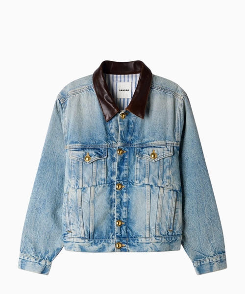 Denim jacket with leather collar