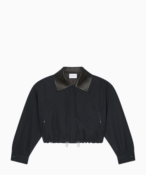 Jacket in cotton and wool with leather collar