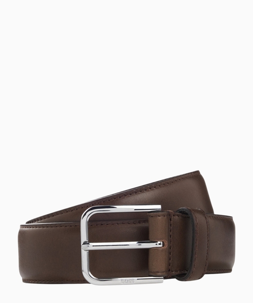 Leather belt with polished buckle