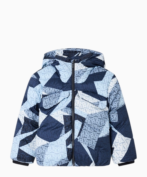 Quilted down jacket with geometric pattern and hood
