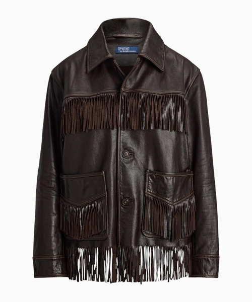 Leather jacket with fringe trim