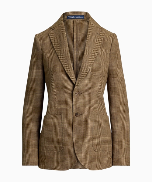 Single-breasted plaid linen tweed blazer