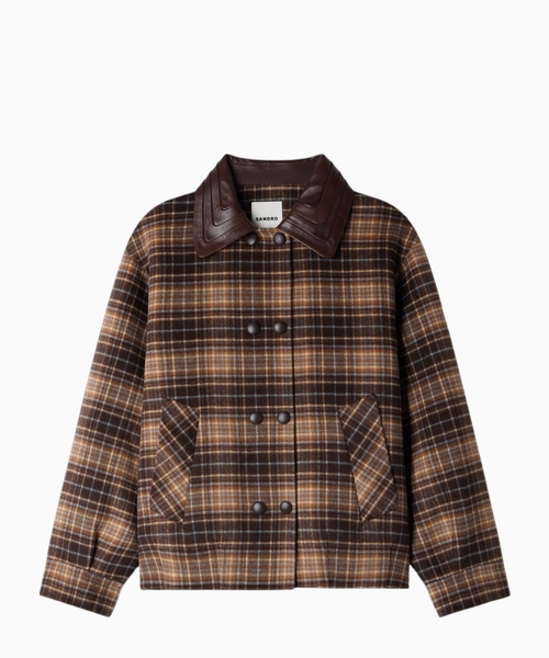 Check jacket with leather collar