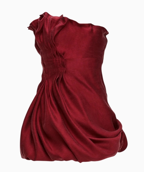 Asymmetric pleated silk mini dress