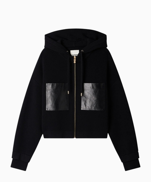 Hoodie with leather trim