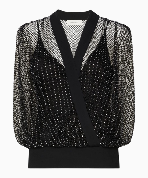 Rhinestone-detail sleeveless mesh top