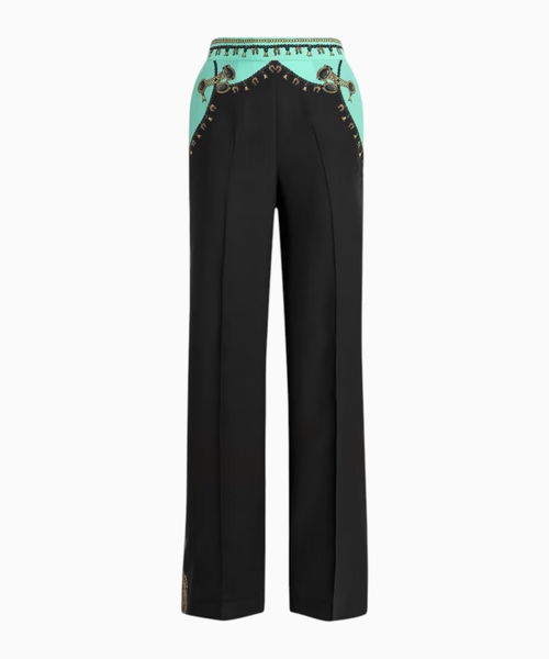 Straight-leg silk trousers with placed jewellery print