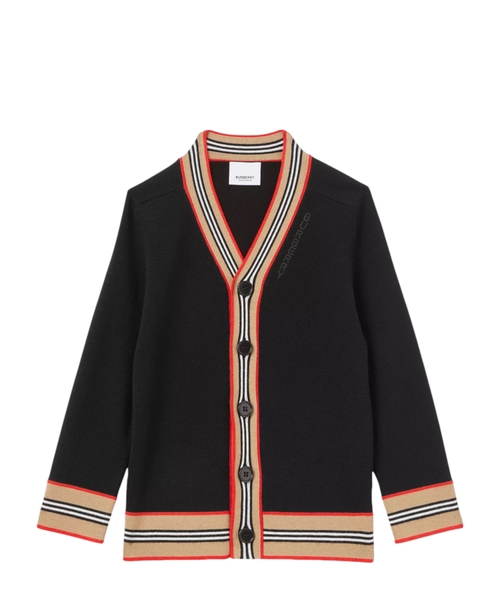 Striped trim wool cardigan in black