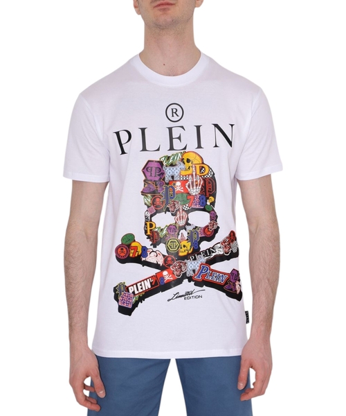 Ağ rəngli kəllə printi və dairəvi yaxa dizaynlı t-shirt