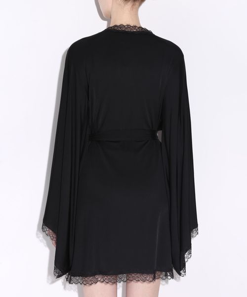 Women's Silky Mini Robe - Lace Trimmed Bell Sleeves / Black