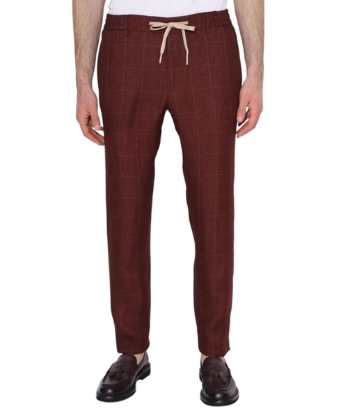 Elastic waist checkered linen trousers #1