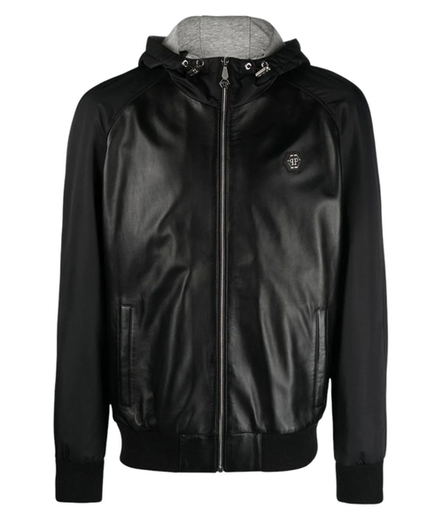 K-way hood detailing leather jacket | Emporium