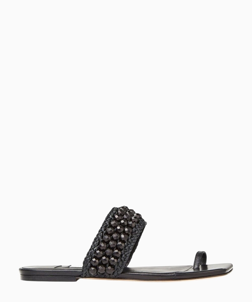 Nappa Leather Flat Sandals with Beaded Raffia