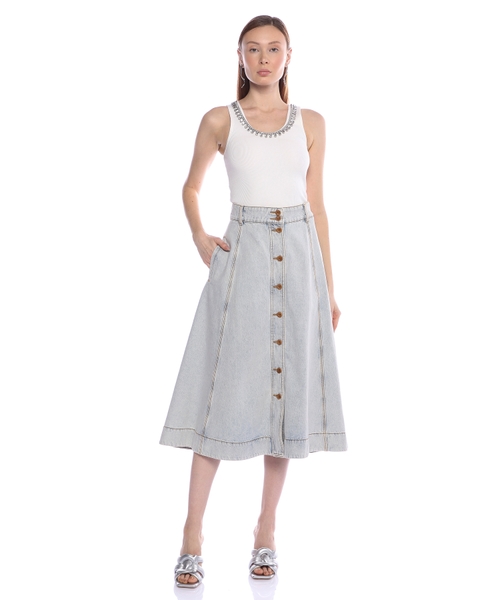 【Zimmermann】Ascension shirred denim midi skirt Zimmermann Ascension Shirred Denim Midi Skirt in Blue | Lyst