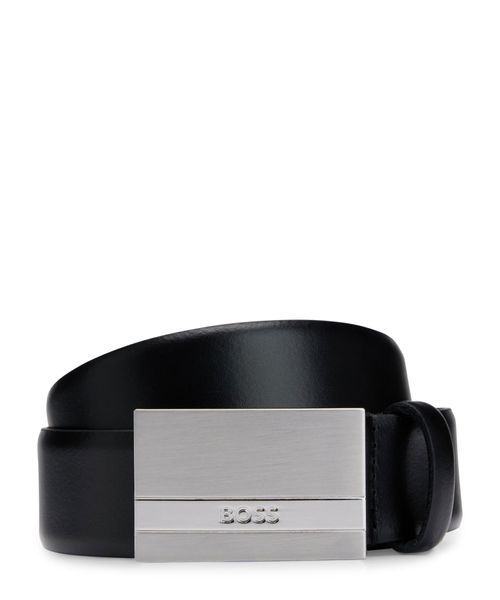 Leather belt with engraved logo on buckle