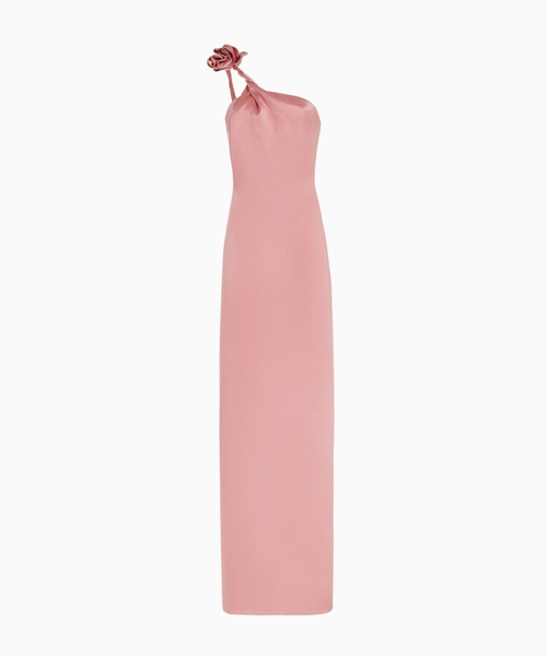 One shoulder rose applique silk maxi dress