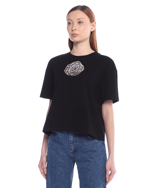 Rhinestone rose embroidered T-shirt | Emporium