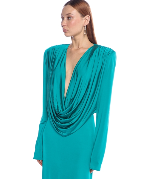 Long-sleeve draped maxi dress