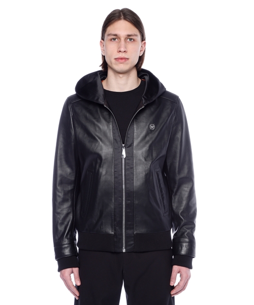 Hooded leather jacket with zip fastening
