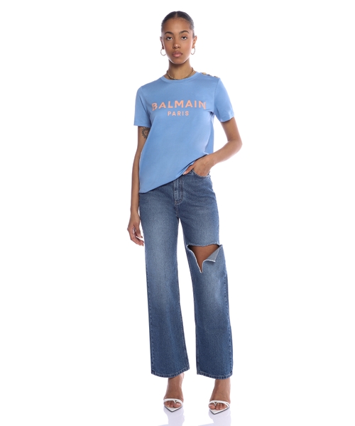 Tシャツ・カットソー BALMAIN EMBROIDERED LOGO COTTON BLEND TOP Logo printed cotton T-shirt | Emporium