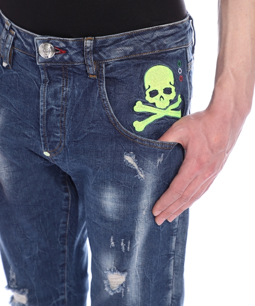 パンツ PHILIPP PLEIN skull patch damage denim Philipp Plein skull-patch Tapered Jeans | Blue | FARFETCH