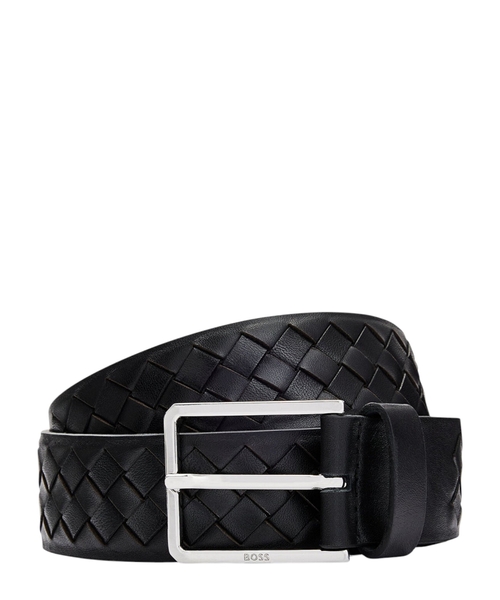 Woven leather belt with logo