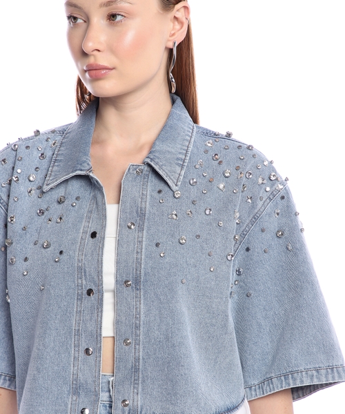 Rhinestone-embellished cropped denim shirt | Emporium