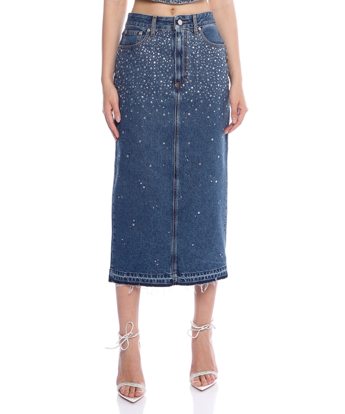 Kristallarla bəzədilmiş denim midi ətək