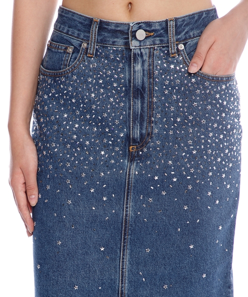 Embellished denim midi skirt hotsell